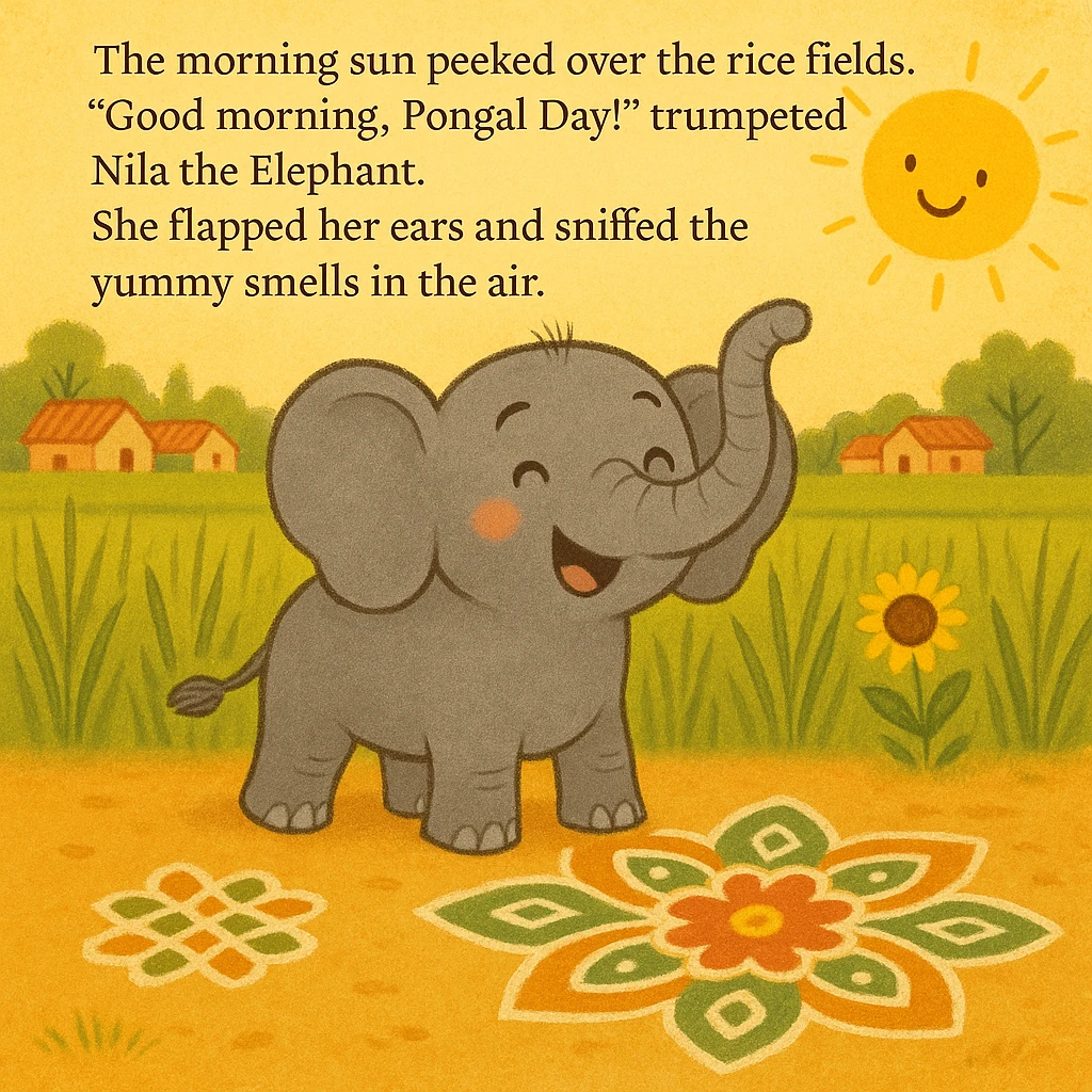 Nila the Elephant’s Silly Pongal Pot - A funny harvest day filled with sunshine, sweetness, and a tiny splash of too-much milk!.